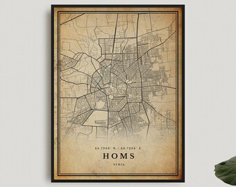 Homs Vintage Map Print, Homs Retro Map Poster, Antique Style Map, Syria, Office Wall Art, Housewarming Birthday Gift | VW208