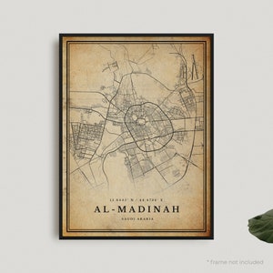 Impression de carte vintage de Médine, affiche de carte rétro de Médine, carte de style ancien, Arabie saoudite, mur de bureau, cadeau d'anniversaire de pendaison de crémaillère | VW360