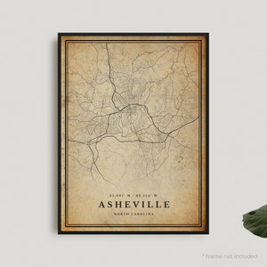 Asheville Vintage Map Print, Asheville Retro Map Poster, Antique Style Map, North Carolina, Office Wall, Housewarming Birthday Gift | VU357