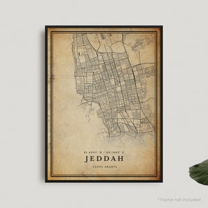 Jeddah Vintage Karte Druck, Jeddah Retro Karte Poster, Antik Stil Karte, Saudi Arabien, Büro Wand Kunst, Housewarming Geburtstagsgeschenk | VW280