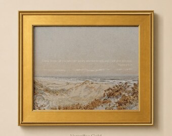 Christian Coastal Wall Art, Matthew 11:28 Scripture Print, Peaceful Beach Landscape