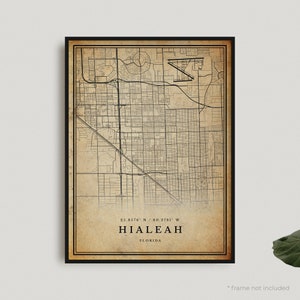 Hialeah vintage kaartafdruk, Hialeah retro kaartposter, kaart in antieke stijl, Florida, kantoormuurkunst, housewarming verjaardagscadeau | VU89