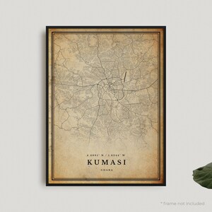 Impresión de mapa antiguo de Kumasi, póster de mapa retro de Kumasi, mapa de estilo antiguo, Ghana, arte de pared de oficina, regalo de cumpleaños de inauguración de la casa / VW242