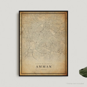 Impression de carte vintage d'Amman, affiche de carte rétro d'Amman, carte de style ancien, Jordanie, oeuvre d'art murale de bureau, cadeau d'anniversaire de pendaison de crémaillère | VW293