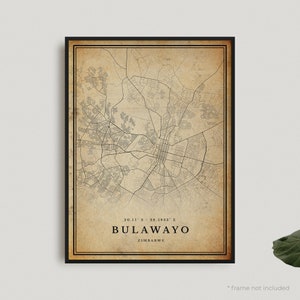 Impression de carte vintage Bulawayo, affiche de carte rétro Bulawayo, carte de style ancien, Zimbabwe, oeuvre d'art murale de bureau, cadeau d'anniversaire de pendaison de crémaillère | VW442