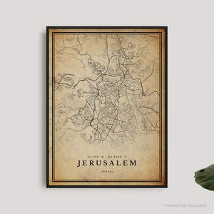 Impresión de mapa antiguo de Jerusalén, póster de mapa retro de Jerusalén, mapa de estilo antiguo, Israel, arte de pared de oficina, regalo de cumpleaños de inauguración de la casa / VW420