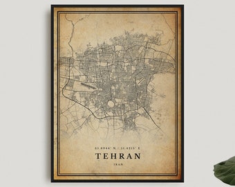 Tehran Vintage Map Print, Tehran Retro Map Poster, Antique Style Map, Iran, Office Wall Art, Housewarming Birthday Gift | VW126