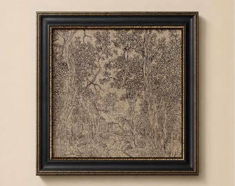 Vintage Forest Drawing Print, Woodland Cottage Illustration, Antique Nature Wall Art