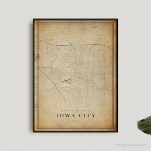 Impression de carte vintage d'Iowa City, affiche de carte rétro d'Iowa City, carte de style ancien, Iowa, art mural de bureau, cadeau d'anniversaire de pendaison de crémaillère | VU468