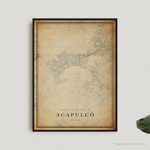 Impression de carte vintage d'Acapulco, affiche de carte rétro d'Acapulco, carte de style ancien, Mexique, oeuvre d'art murale de bureau, cadeau d'anniversaire de pendaison de crémaillère | VW467