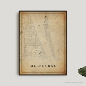 Melbourne vintage kaartafdruk, Melbourne retro kaartposter, kaart antieke stijl, Florida, kantoormuurkunst, housewarming verjaardagscadeau | VU428