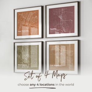 Juego de 4 pósteres de mapas de ciudad minimalistas personalizados, pósteres cuadrados personalizados de mediados de siglo, regalo de arte mural urbano retro, decoración moderna para el hogar y la oficina.