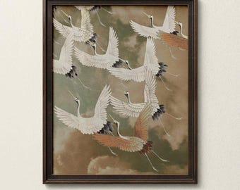 Flying Cranes Wall Art, Vintage Bird Print, Japanese Inspired Nature Art