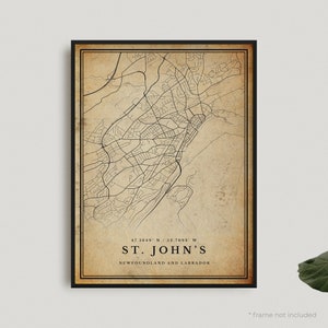 Impression de carte vintage Saint-Jean, affiche de carte rétro Saint-Jean, carte de Style ancien, Terre-Neuve-et-Labrador, cadeau d'anniversaire de pendaison de crémaillère | VW19