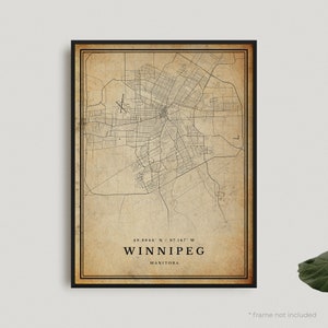 Impression de carte vintage de Winnipeg, affiche de carte rétro de Winnipeg, carte de Style ancien, Manitoba, art mural de bureau, cadeau d'anniversaire de pendaison de crémaillère | VW07