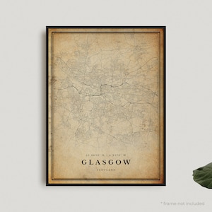 Impresión de mapa antiguo de Glasgow, póster de mapa retro de Glasgow, mapa de estilo antiguo, Escocia, arte de pared de oficina, regalo de cumpleaños de inauguración de la casa / VW53