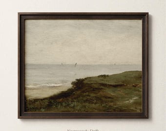 Vintage Coastal Landscape Print, Muted Beach Wall Art, Framed Coastal Art