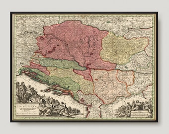 1727 Map Of The Kingdom Of Hungary, Antique map of Hungary, Old Map of Hungary, Vintage Hungary Map | MP66