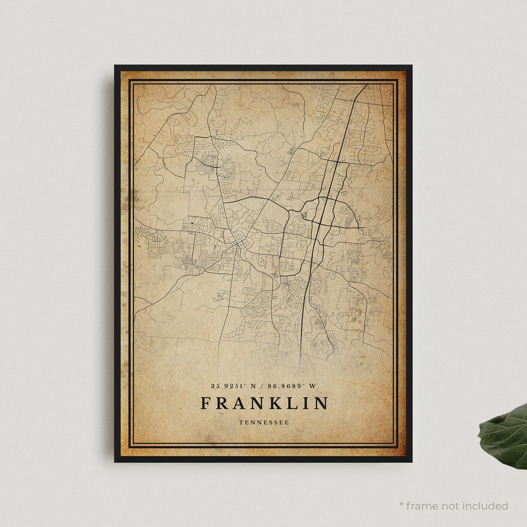 Franklin Vintage Map Print, Franklin Retro Map Poster, Antique Style Map, Tennessee, Office Wall ...