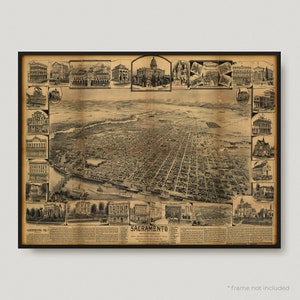 Vogelaugen Ansicht Sacramento, Antike Karte von Sacramento, Alte Historische Karte von Sacramento , Sacramento Stadtplan | MP201