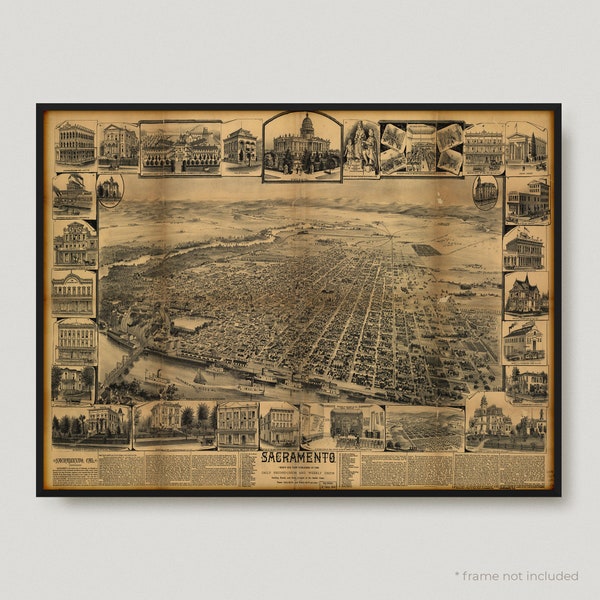 Bird Eye View Sacramento, Antique Map of Sacramento, Old Historical Map of Sacramento, Sacramento City Map | MP201