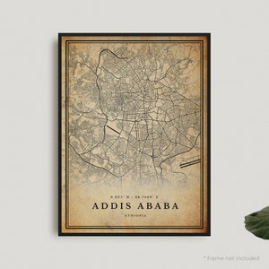 Impression de carte vintage Addis-Abeba, affiche de carte rétro Addis-Abeba, carte de style ancien, Éthiopie, mur de bureau, cadeau d'anniversaire de pendaison de crémaillère | VW278
