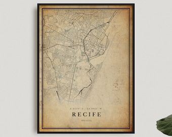 Recife Vintage Map Print, Recife Retro Map Poster, Antique Style Map, Brazil, Office Wall Art, Housewarming Birthday Gift | VW165