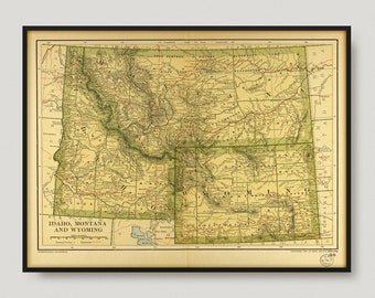 Mapa de Idaho, Montana y Wyoming, Mapa histórico de Idaho, Montana y Wyoming, Mapa antiguo, Mapa antiguo, Mapa vintage / MP284
