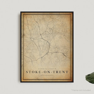 Impression de carte vintage de Stoke-on-Trent, affiche de carte rétro Stoke-on-Trent, carte de Style ancien, West Midlands, cadeau d'anniversaire de pendaison de crémaillère | VW68