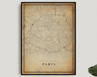 Paris Vintage Map Print, Paris Retro Map Poster, Antique Style Map, France, Office Wall Art, Housewarming Birthday Gift | VW120