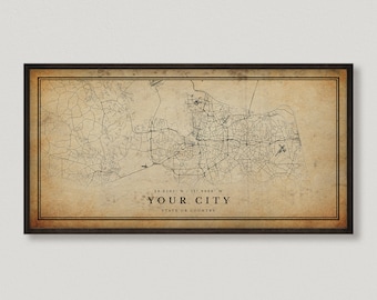 Custom Vintage Panoramic Map Print, Personalized Antique Map Art, Large Old Map Print, Retro Horizontal Wall Art Decor for Home or Office