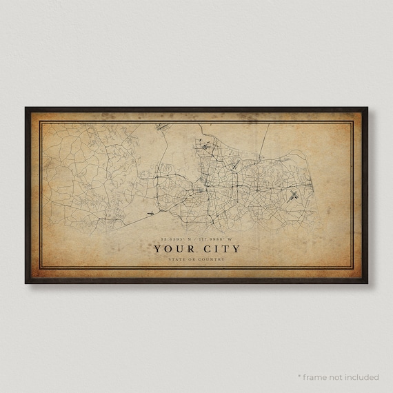 Custom Vintage Panoramic Map Print, Personalized Antique Map Art, Retro Large Wall Decor