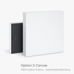 May include: A white canvas print with a black frame. Option 2: Canvas. 100% Cotton Fabric, Hard Sealed Backing.