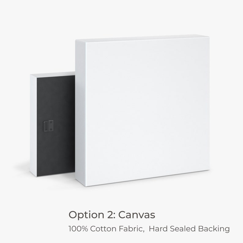 May include: A white canvas print with a black frame. Option 2: Canvas. 100% Cotton Fabric, Hard Sealed Backing.