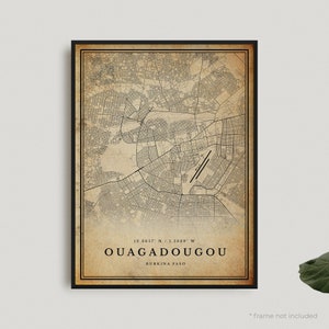 Impresión de mapa antiguo de Uagadugú, póster de mapa retro de Uagadugú, mapa de estilo antiguo, Burkina Faso, oficina, regalo de cumpleaños de inauguración de la casa / VW237