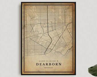 Dearborn Vintage Map Print, Dearborn Retro Map Poster, Antique Style Map, Michigan, Office Wall Art, Housewarming Birthday Gift | VU311