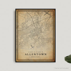 Allentown Vintage Map Print, Allentown Retro Map Poster, Antique Style Map, Pennsylvania, Office Wall, Housewarming Birthday Gift | VU224