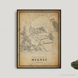 Impression de carte vintage de Meknès, affiche de carte rétro de Meknès, carte de style ancien, Maroc, oeuvre d'art murale de bureau, cadeau d'anniversaire de pendaison de crémaillère | VW441