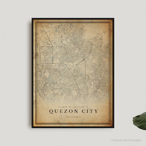 Impression de carte vintage Quezon City, affiche de carte rétro Quezon City, carte de Style ancien, Philippines, mur de bureau, cadeau d'anniversaire de pendaison de crémaillère | VW330