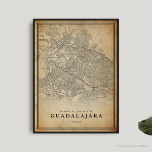 Impresión de mapa antiguo de Guadalajara, póster de mapa retro de Guadalajara, mapa de estilo antiguo, México, arte de pared de oficina, regalo de cumpleaños de inauguración de la casa / VW156