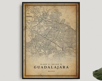 Guadalajara Vintage Map Print, Guadalajara Retro Map Poster, Antique Style Map, Mexico, Office Wall Art, Housewarming Birthday Gift | VW156