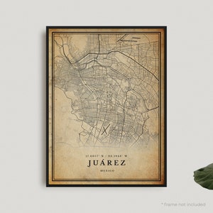 Impresión de mapa antiguo de Juárez, póster de mapa retro de Juárez, mapa de estilo antiguo, México, arte de pared de oficina, regalo de cumpleaños de inauguración de la casa / VW211