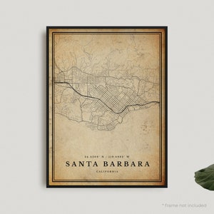 Impression de carte vintage Santa Barbara, affiche de carte rétro Santa Barbara, carte de Style ancien, Californie, bureau, cadeau d'anniversaire de pendaison de crémaillère | VU339
