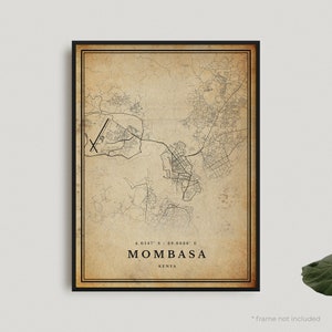 Impression de carte vintage de Mombasa, affiche de carte rétro de Mombasa, carte de style ancien, Kenya, art mural de bureau, cadeau d'anniversaire de pendaison de crémaillère | VW373