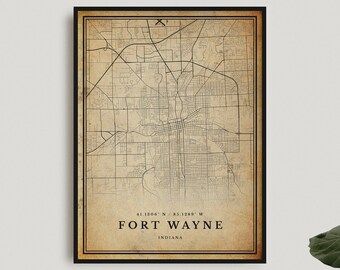 Fort Wayne Vintage Map Print, Fort Wayne Retro Map Poster, Antique Style Map, Indiana, Office Wall Art, Housewarming Birthday Gift | VU76