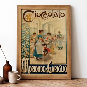 Cioccolato Moriondo en Gariglio vintage poster, Italiaans eten retro print, Italiaans eten antieke print, eten en drinken vintage poster | FD191