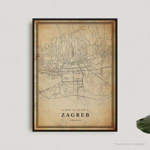 Impression de carte vintage de Zagreb, affiche de carte rétro de Zagreb, carte de style ancien, Croatie, oeuvre d'art murale de bureau, cadeau d'anniversaire de pendaison de crémaillère | VW403