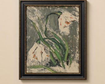 White Tulip Painting, Expressionist Floral Art Print, Vintage Botanical Wall Decor