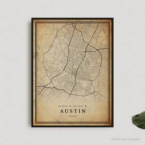 Impression de carte vintage Austin, affiche de carte rétro Austin, carte de Style ancien, Texas, art mural bureau, cadeau d'anniversaire de pendaison de crémaillère | VU11