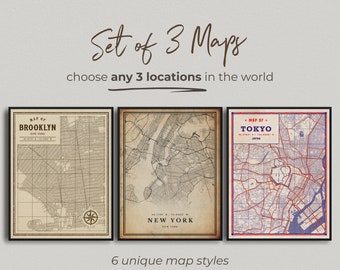 Set of 3 City Map Posters – Choose Your Style (6 Options), Personalized Antique Map Prints, Custom Locations, Retro Wall Art for Home Office